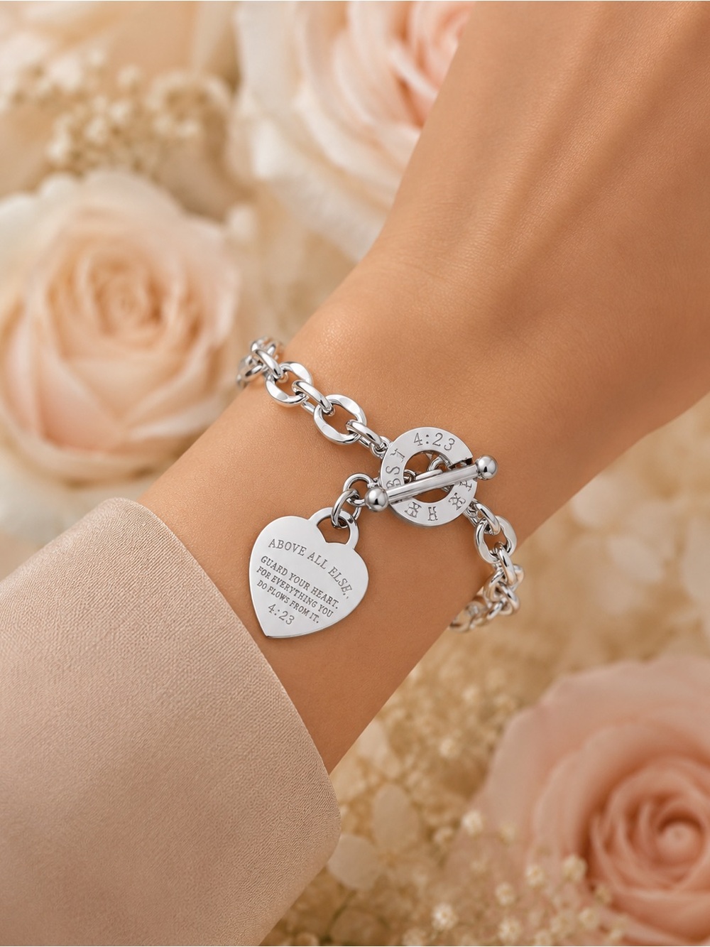 Sterling Silver Heart Charm Toggle Bracelet - Silver - Picture 2 of 5